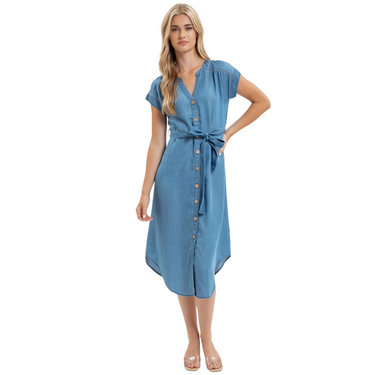 Chambray Button Down Belted Midi Dress