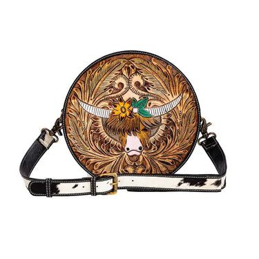 Bloomin' Steer Hand-Tooled Round Bag S-9373