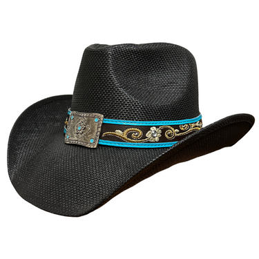 Black Cowboy Hat with Turquoise Striped Band ST-119