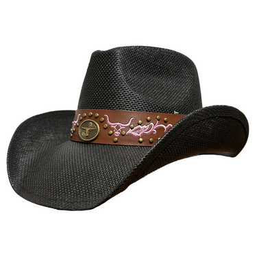 Black Cowboy Hat with Pink Embroidery Band ST-123