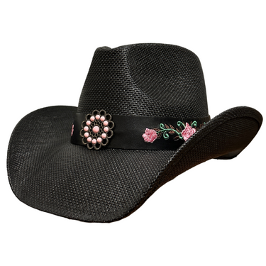 Black Cowboy Hat with Pink Floral Band ST-128