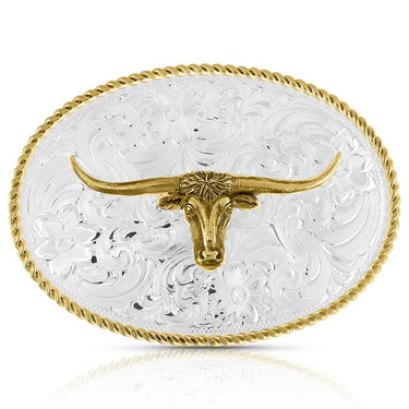 Two-Tone Engraved Buckle with Longhorn