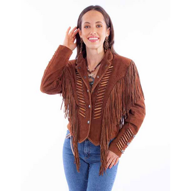 Women's Cafe Brown Fringe Whip Stitch Jacket By Scully L1100-125
