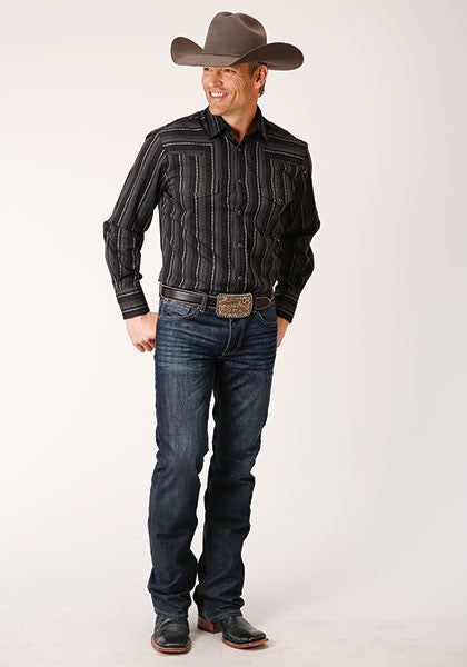 Men's Black/Charcoal/Grey Stripe L/S Snap Shirt By Roper - 01-001-0044-0669