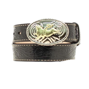 Boy's Black Tooled Belt With Bull Rider Buckle N4410401