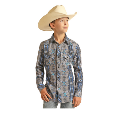 Boy's Blue And Gray Aztec Long Sleeve Snap Shirt RRBS2SRZ7Y by Panhandle Slim