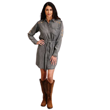 Snap Front Shirt Dress With Self Tie Waist In Gray By Roper - 11-057-0565-0117