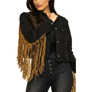 Women's Black Denim Jacket With Cheetah print Fringe by Scully HC662