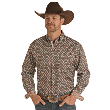 Men's Long Sleeve Button UP With Crest - In Taupe - By Rock&Roll - RSMSODRYTM