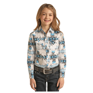 Girl's Blue/White Aztec Long Sleeve Snap Shirt G4S2035