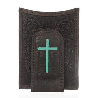 Ariat Tooled Leather Card Case w/ Turquoise Cross A3527202