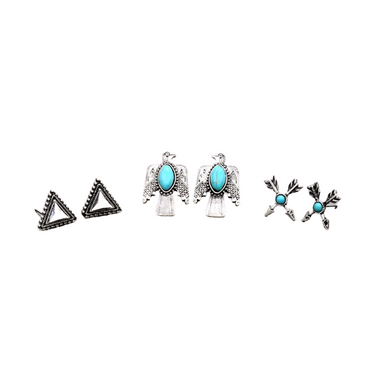 Earring Set of 3 Silver Turquoise with Thunderbird and Arrow