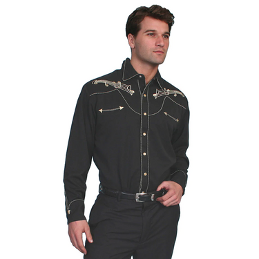 Men's Black Long Sleeve Shirt With Embroidered Music Notes By Scully P-627