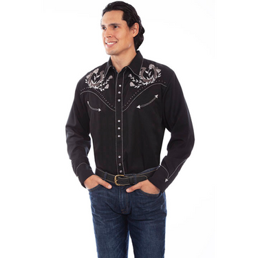 Men's Black Embroidered Horseshoe and Roses Shirt P-910