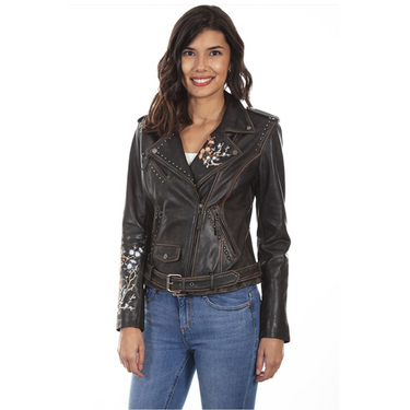 Women's Black Biker Jacket With Floral Embroidery By Scully L1032
