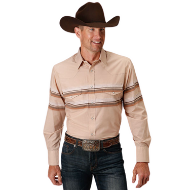 Men's Tan And Brown Border Stripe L/S Snap Shirt By Roper - 01-001-0043-0251