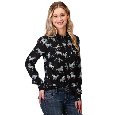 Women's Wild Horse Print Rayon Long Sleeve Snap Up By Roper - 03-050-0590-0154