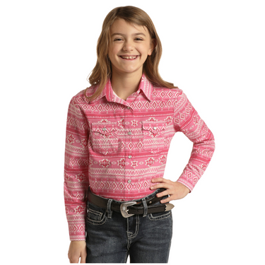 Girl's Long Sleeve Pink Aztec Poplin Shirt WLGSOSR07N