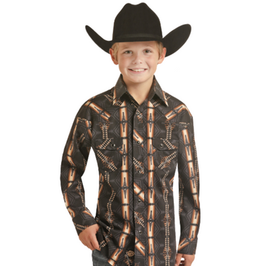 Boy's Chocolate Aztec Poplin Long Sleeve Shirt RRBSOSRZ0V