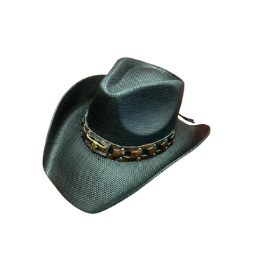 Black Longhorn Chain Hatband Straw Hat ST-108-BK