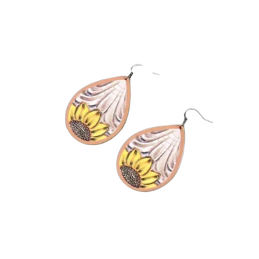 Sunflower Teardrop Leather Fish Hook Earrings 	WE2-47-ER1031/WHT
