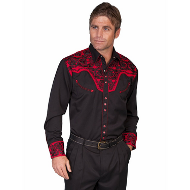 Men's Crimson Floral Tool Embroidered Western Shirt by Scully P-634