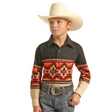 Kid's Long Sleeve Tan and Black Aztec Shirt by Panhandle PHBSOSRZ5W