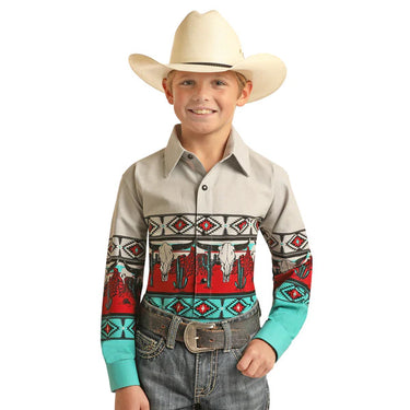 Kid's Long Sleeve Grey and Teal Aztec Shirt by Panhandle PHBSOSRZ5X
