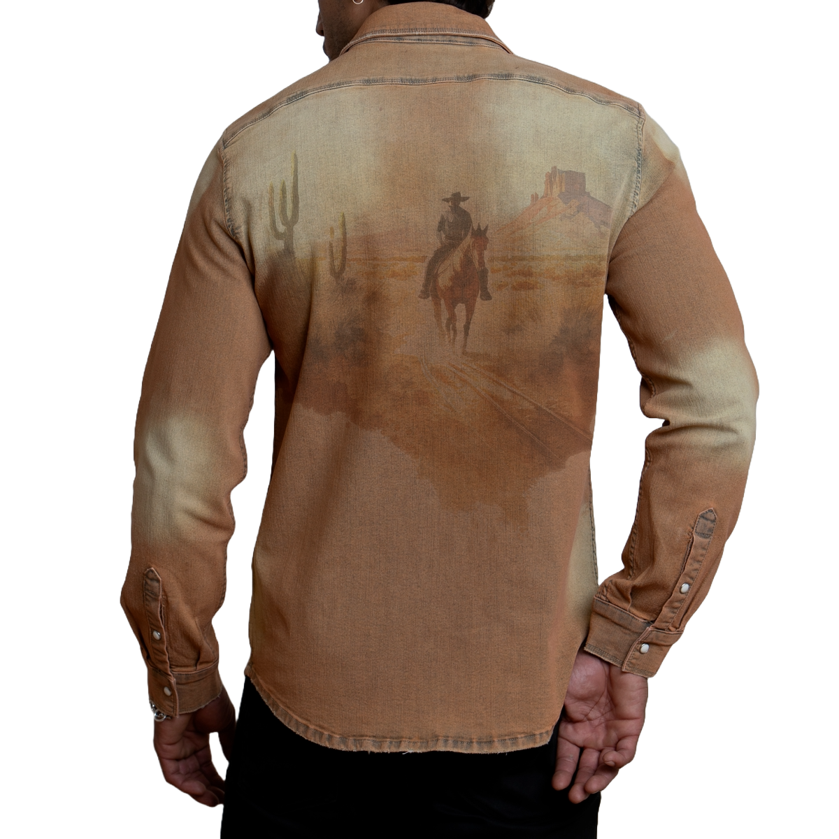 Men's Wheat Long Sleeve Denim Shirt With Horse And Rider WS23008