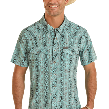 Men's Short Sleeve Turquoise Aztec Woven Snap Shirt by Panhandle TMN3S03501
