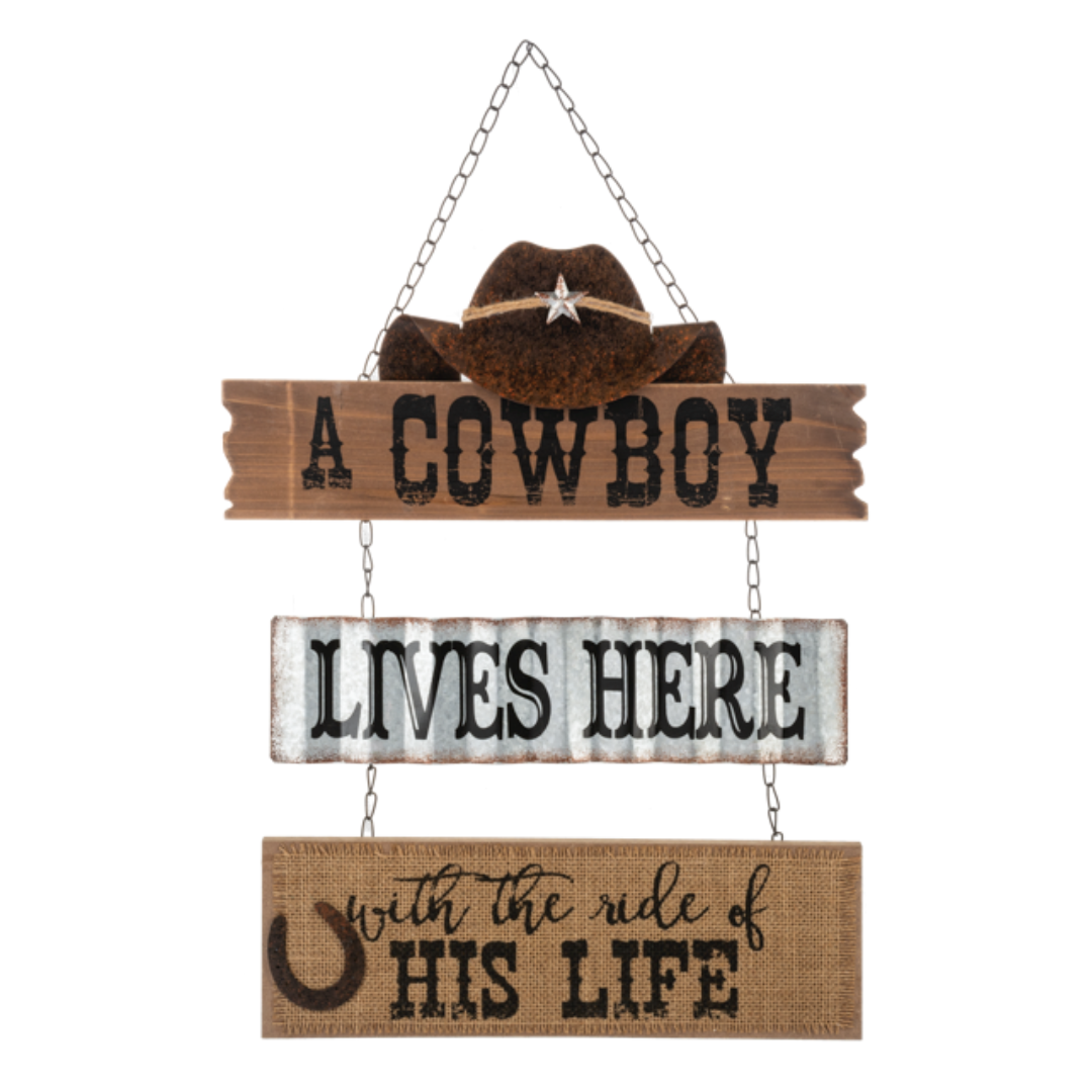 Layered Ranch Sign 3 Tier Layered Sign - A Cowboy Lives Here... by Ganz ER71851 – Cowtown ...