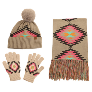 Women's Pink Aztec Scarf, Hat, and Gloves Gift Set By Panhandle BU47X02963