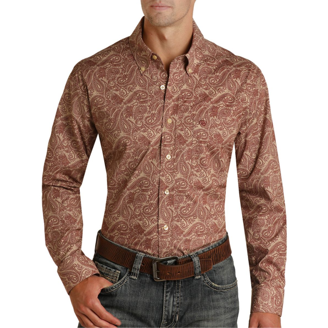 Men's Long Sleeve Paisley Woven Button Down Shirt By Panhandle - RRMSODR09E