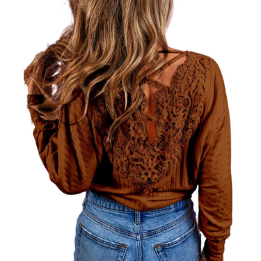 Brown Lace-up Crochet Open Back Ribbed Top LD25124019