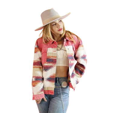 Pink Denim Aztec Long Sleeve Jacket by Lucky & Blessed