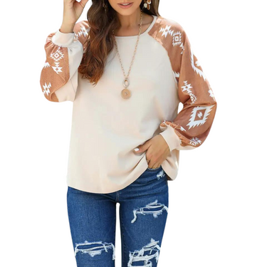 Western Print Patch Apricot Long Sleeve Top By Lucky & Blessed LC25122732-18