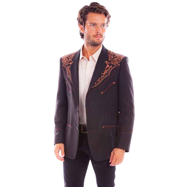 Men's Black Blazer With Floral Embroidery By Scully P-916