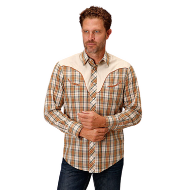 Men's Khaki/Forest Gr/Cream Plaid L/S Applique Shirt By Roper - 01-001-0024-0582 BR