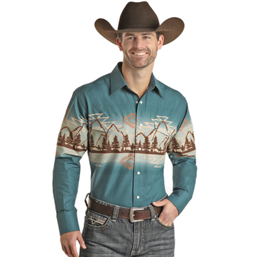 Men's Aztec Mountain Border L/S Snap Shirt By Panhandle - SMN2S02455