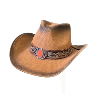 Tan Cowboy Hat with Red and Turquoise Floral on band and Sides