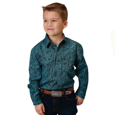 Boys Long Sleeve Shirt Amarillo Snap Allover Print In Blue Agave Paisley - 03-030-0225-0174