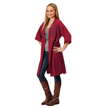 Ladies' Solid Poly Wine  Woven Cardigan By Roper - 03-500-0565-6109 RE 