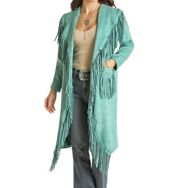 Women's Long Suede Jacket W/ Fringe In Color Peacock By Panhandle - DW92C01999