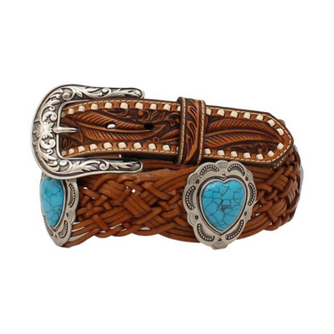 Angle Ranch Ladies Belt Tooled Tabs Braided Heart Concho Tan D140002408