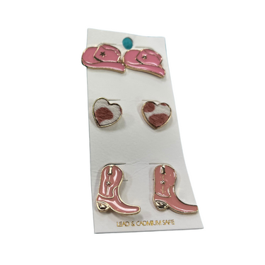 Western Earrings set of 3 / Pink Heart