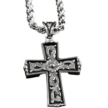 Men's Twister Silver Floral Scroll Cross Necklace 32110