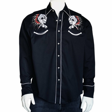Men's Chief Skulls Vintage Embroidered Western Shirt 6738-BLK