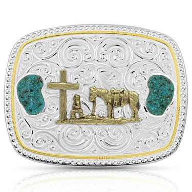 Winding Roads Christian Cowboy Turquoise Belt Buckle by Montana Silversmiths 46910-731M