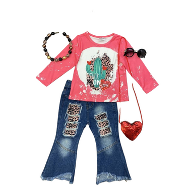 Stuck On You Speckled Cactus Shirt & Cutout Bell Bottoms (#V-49007GS)