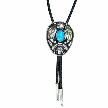 Silver Leaves With Turquoise Oval Stone Bolo Tie by Fashionwest AC62T